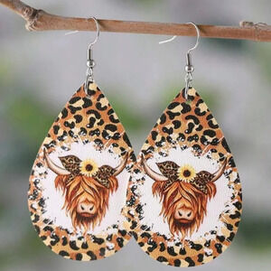 Cow Brown Tear Drop Leopard Earrings